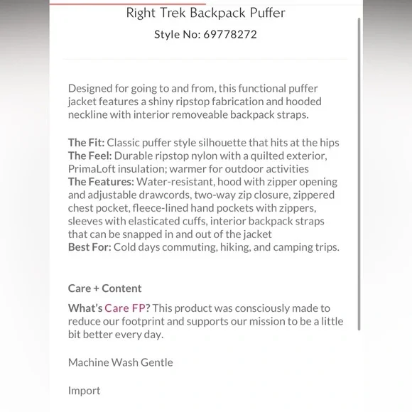 Free People Right Trek Backpack Puffer Size Large Full Zipper Hooded Size L NWT